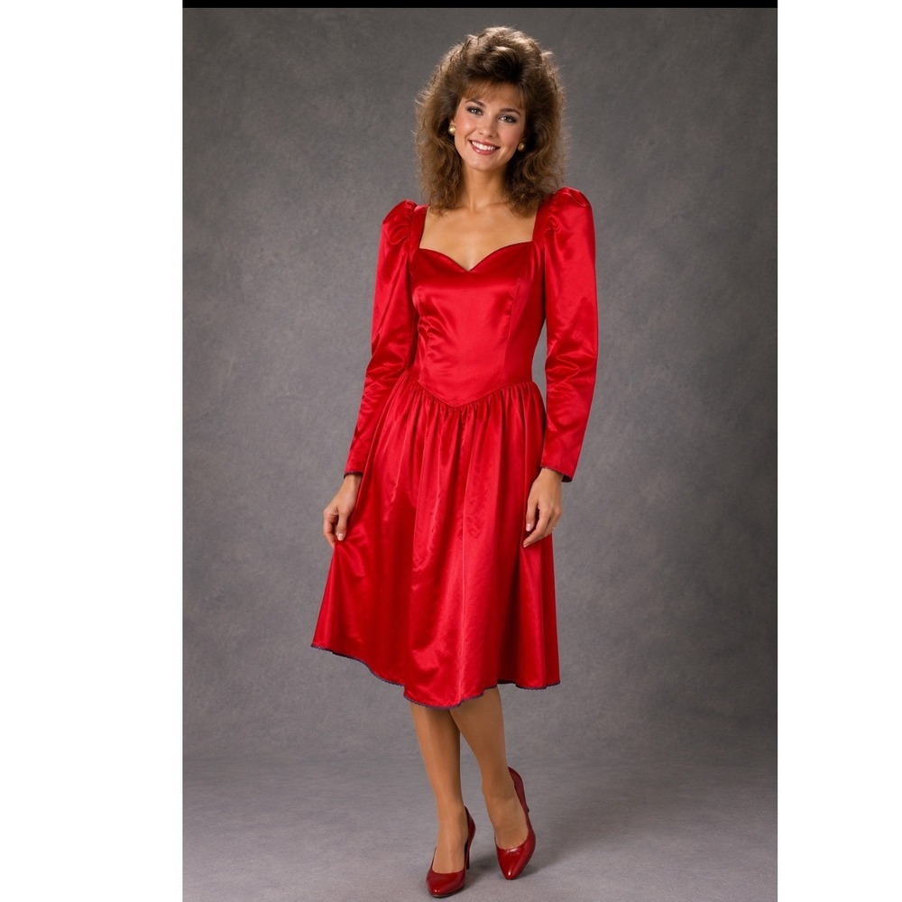 VTG  80's Dress  Bill Levkoff Sz S Red Satin‎  Whimsigoth Punk New Wave